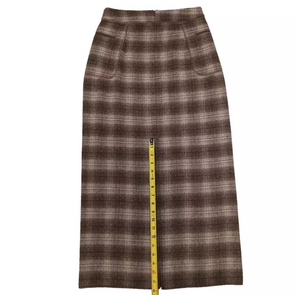 Vintage Womens Plaid Midi Skirt Brown Wool Check Cottagecore Preppy Classic Sz 2 - Picture 6 of 7